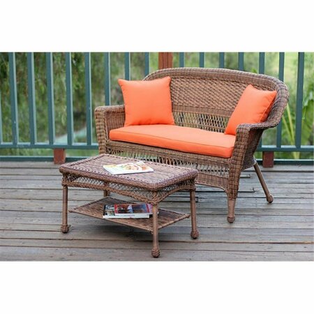 JECO Honey Wicker Patio Love Seat And Coffee Table Set With Orange Cushion W00205-LCS016